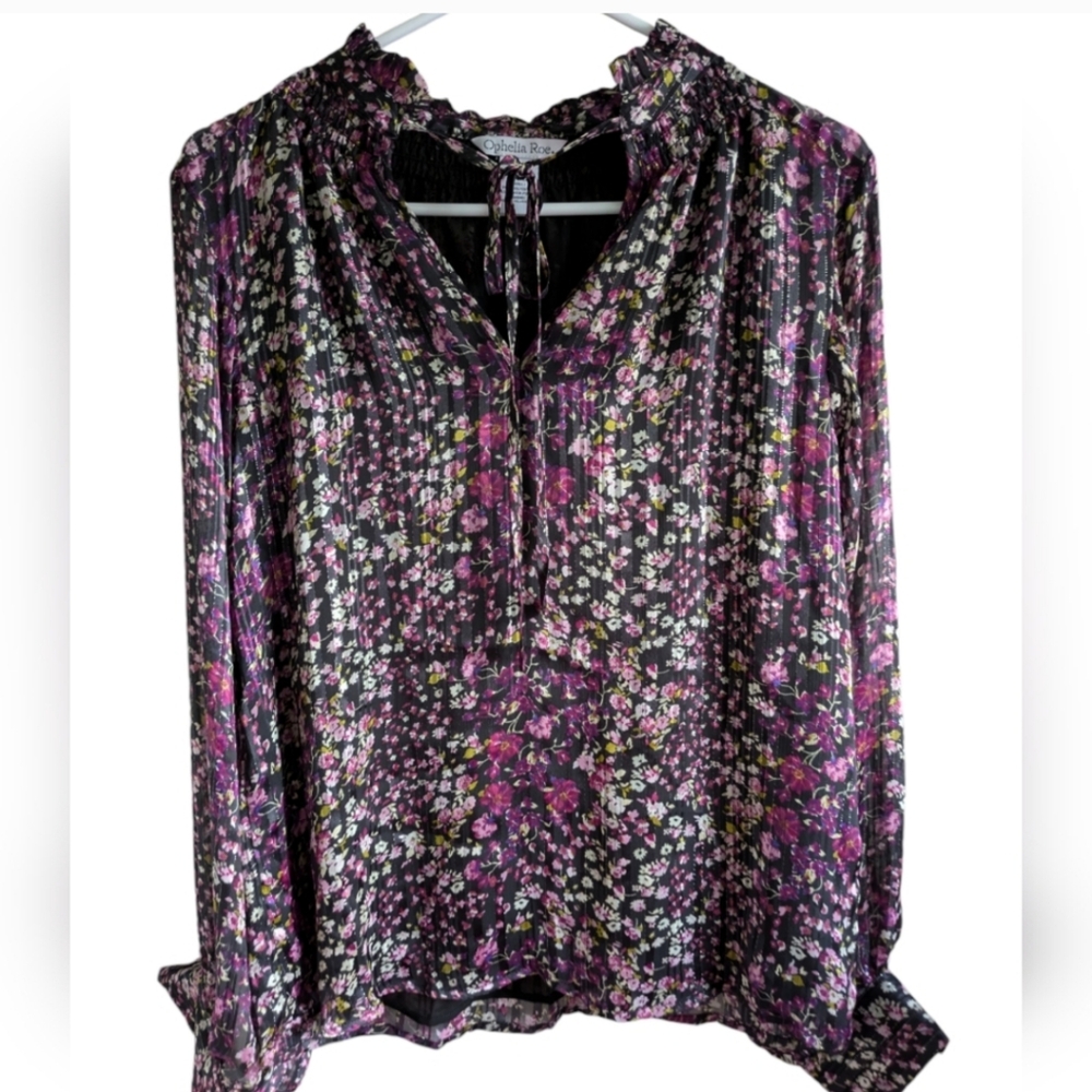 Ophelia Roe Boho Ruffled Tie Purple Floral Blouse Peasant Top Blouse